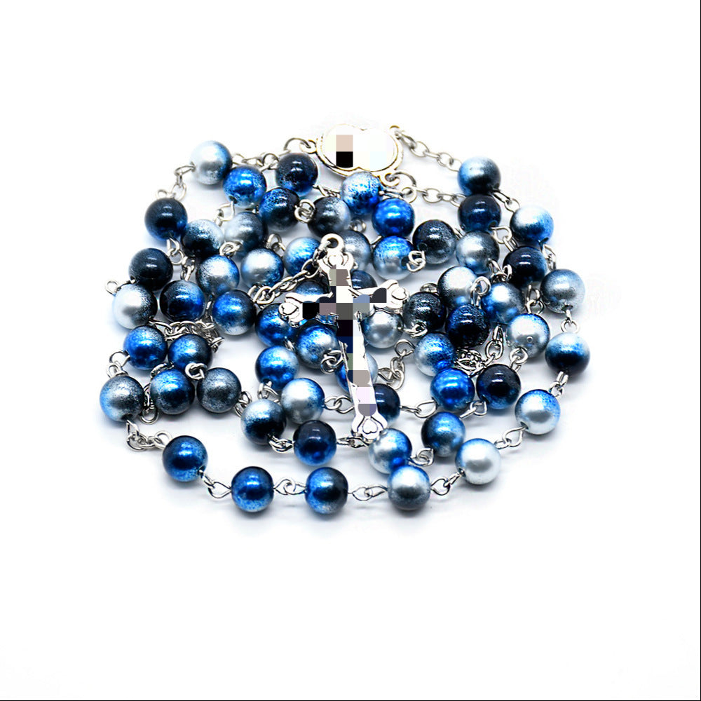 Handmade Royal Blue Rose Rosary With Glass Beaded Chain And Zinc Alloy Pendant, Unisex Necklace