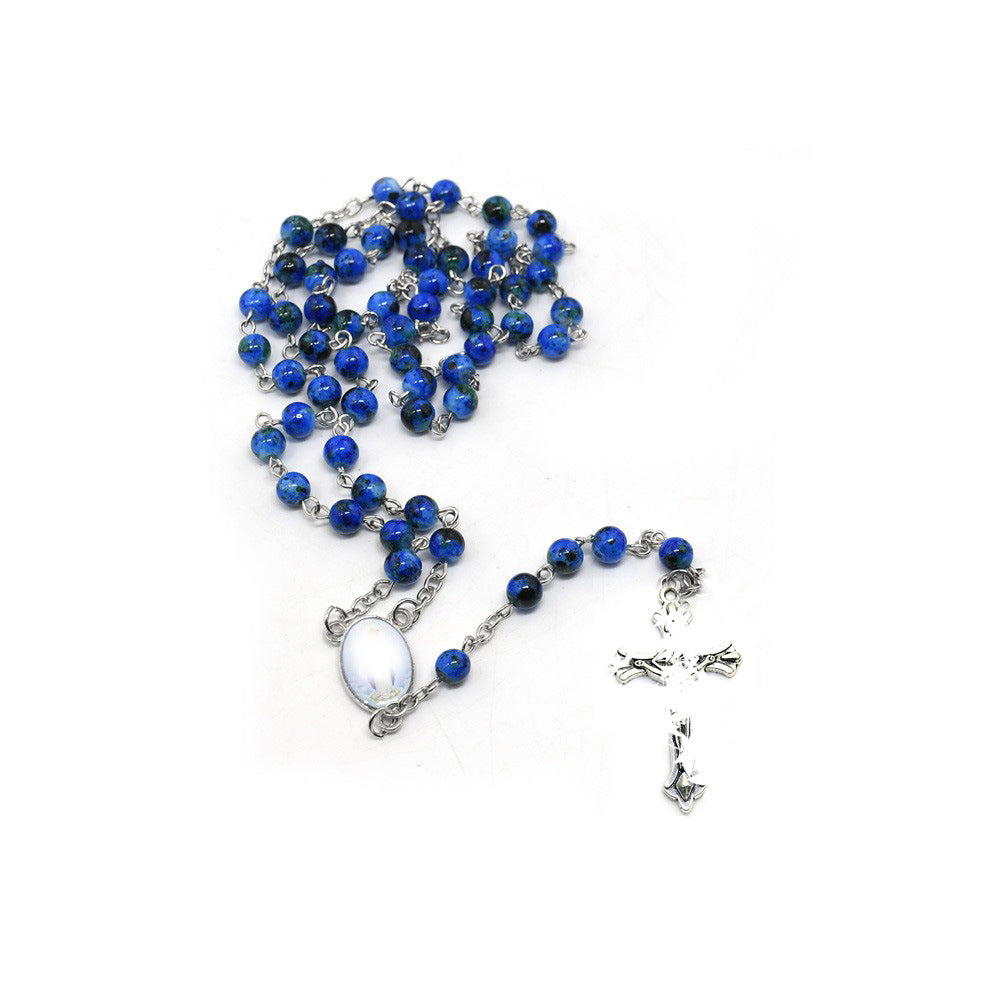 Handmade Royal Blue Rose Rosary With Glass Beaded Chain And Zinc Alloy Pendant, Unisex Necklace