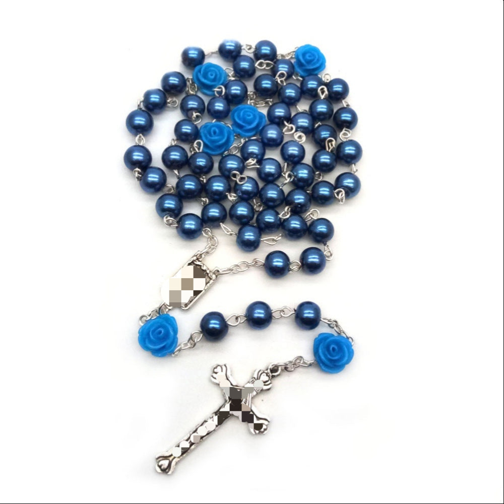 Handmade Royal Blue Rose Rosary With Glass Beaded Chain And Zinc Alloy Pendant, Unisex Necklace