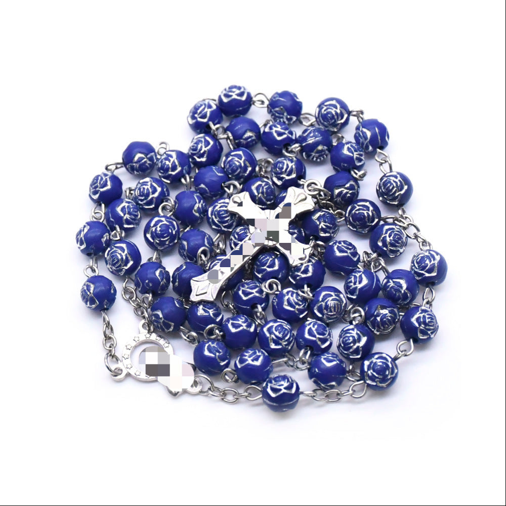 Handmade Royal Blue Rose Rosary With Glass Beaded Chain And Zinc Alloy Pendant, Unisex Necklace