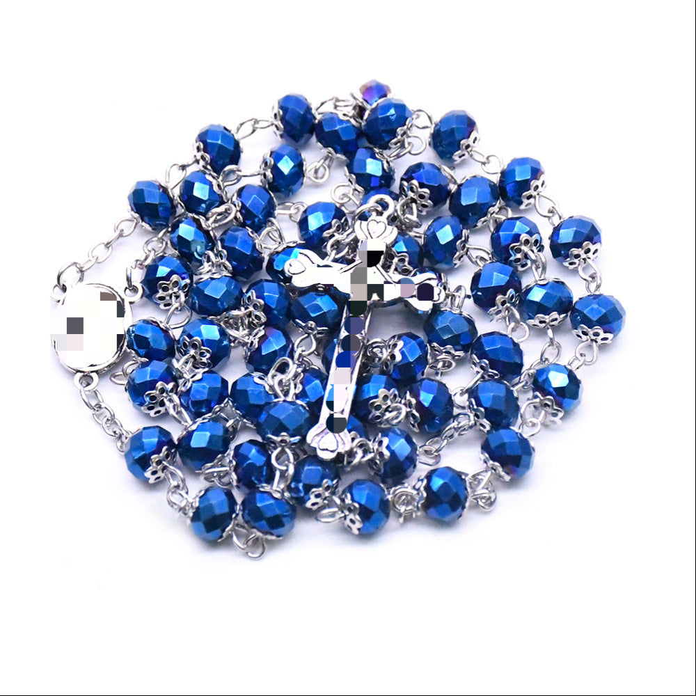 Handmade Royal Blue Rose Rosary With Glass Beaded Chain And Zinc Alloy Pendant, Unisex Necklace