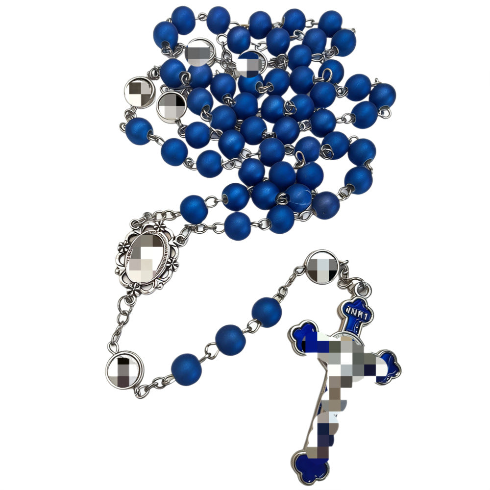 Handmade Royal Blue Rose Rosary With Glass Beaded Chain And Zinc Alloy Pendant, Unisex Necklace