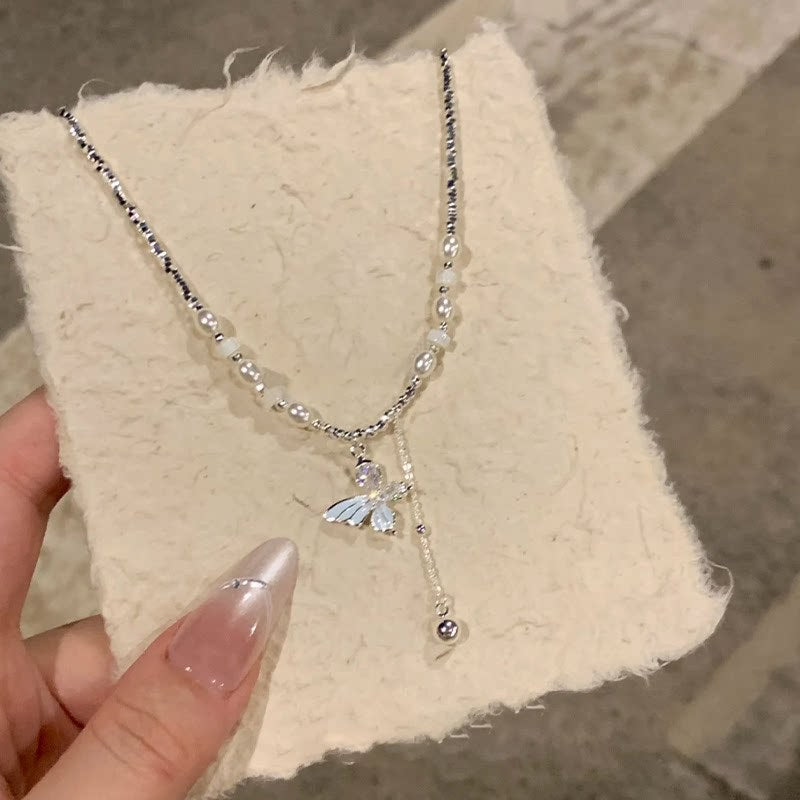 Handmade Blue Butterfly Necklace For Women With Sweet Style, Featuring Artificial Crystal And Inlaid Artificial Pearl