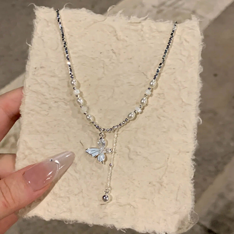 Handmade Blue Butterfly Necklace For Women With Sweet Style, Featuring Artificial Crystal And Inlaid Artificial Pearl