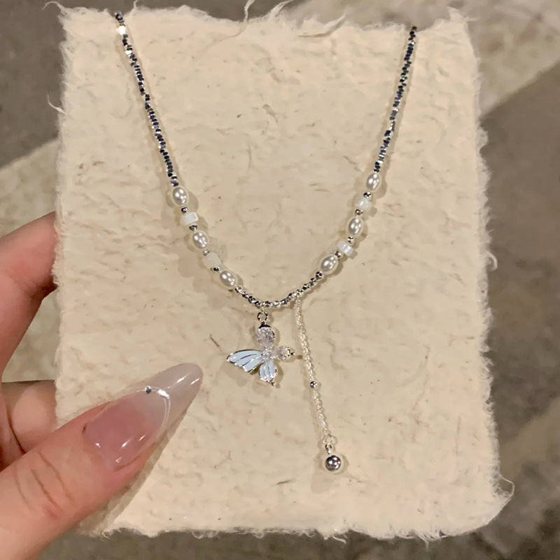 Handmade Blue Butterfly Necklace For Women With Sweet Style, Featuring Artificial Crystal And Inlaid Artificial Pearl
