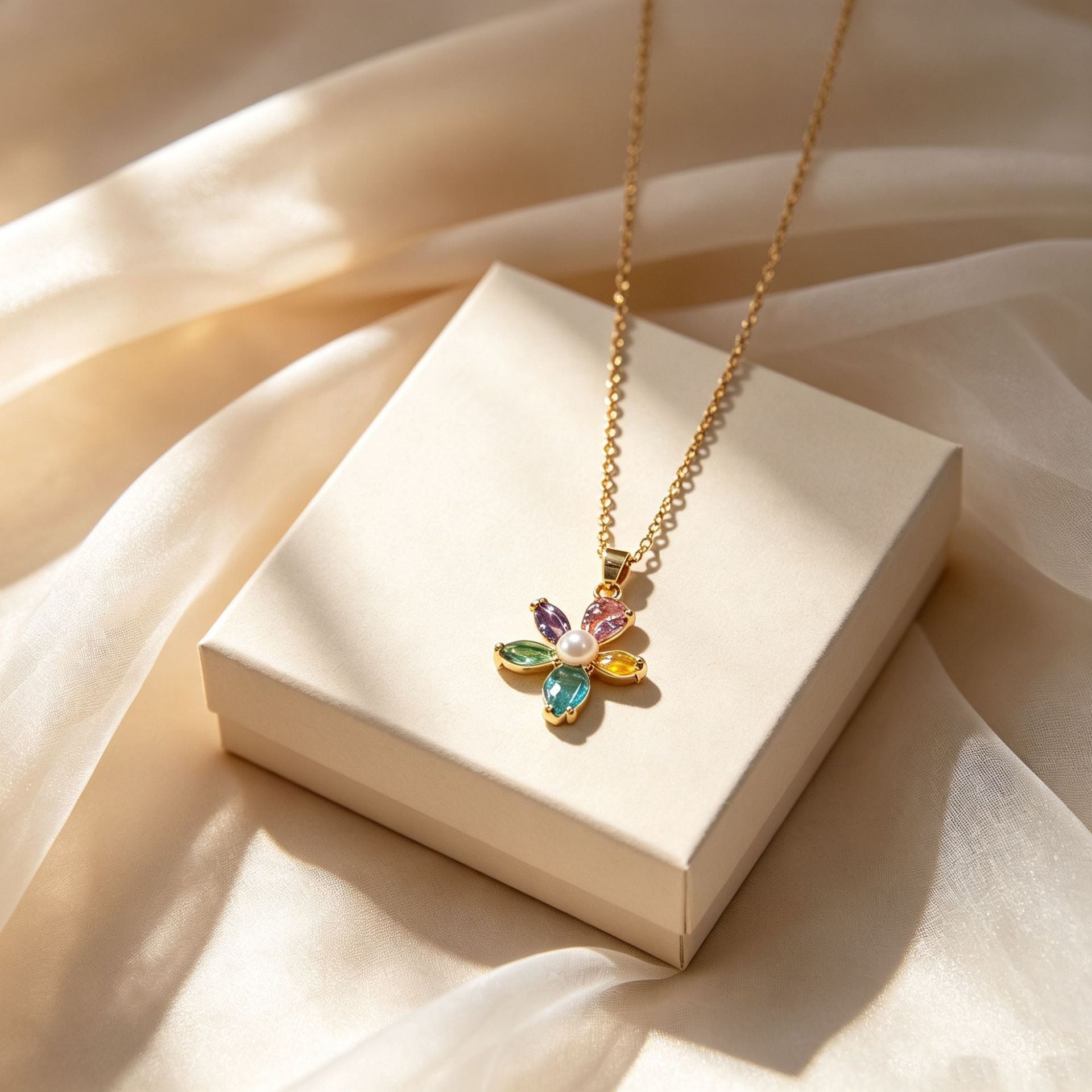 Gold Flowers Necklace For Women With Copper Pendant, 304 Stainless Steel Cable Chain, Inlaid With Zircon