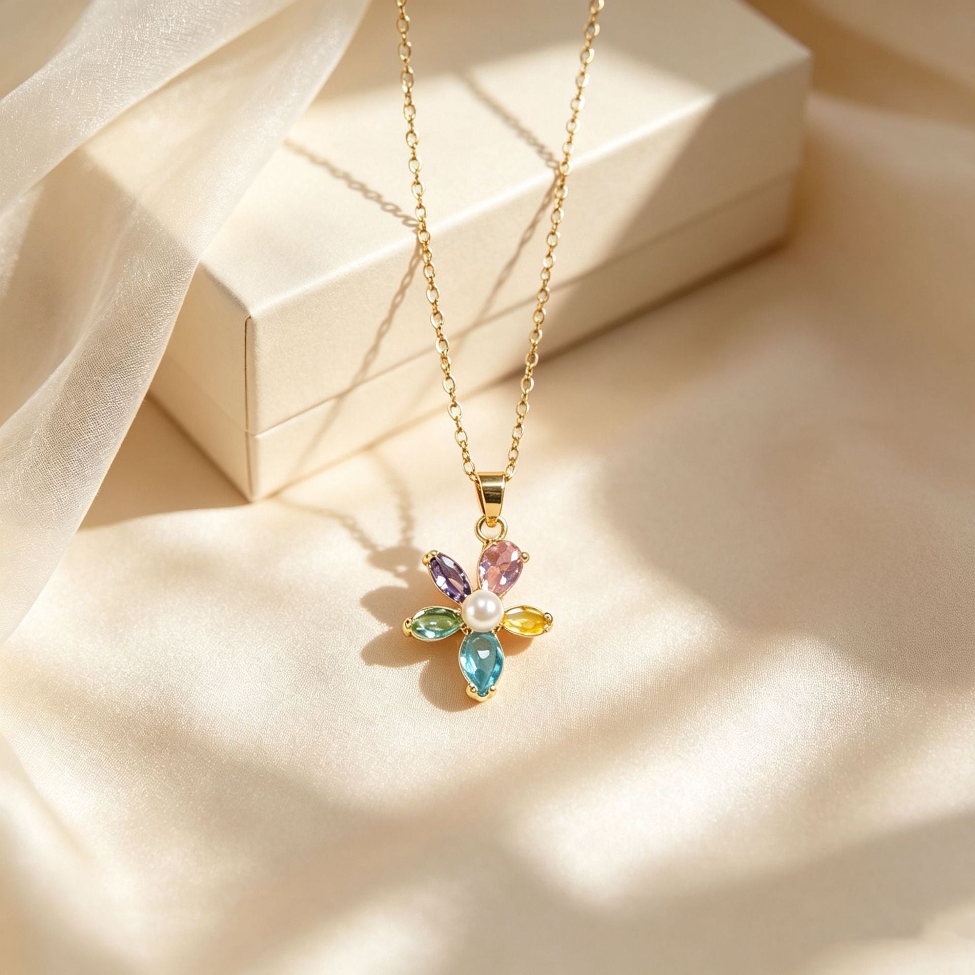 Gold Flowers Necklace For Women With Copper Pendant, 304 Stainless Steel Cable Chain, Inlaid With Zircon