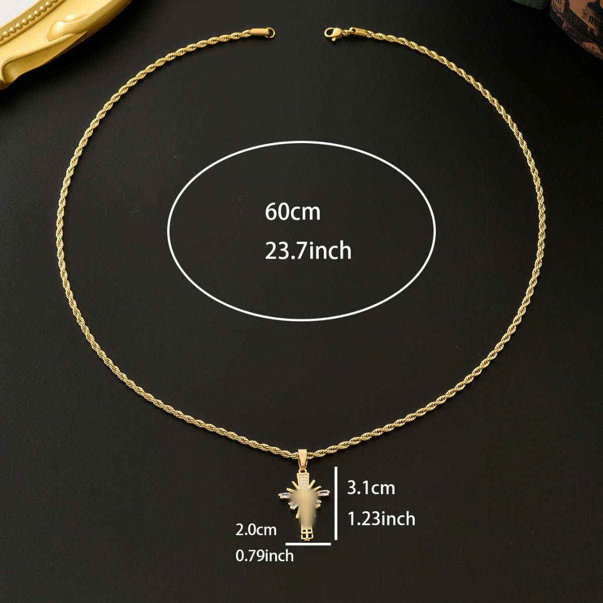 Cross Pendant Necklace For Unisex In Real Gold Plated 304 Stainless Steel With Zircon Inlay And Twisted Rope Chain