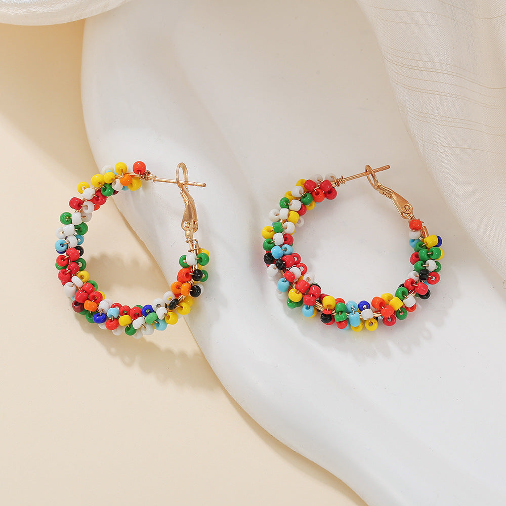Handmade Ethnic Style Circle Earrings With Seed Bead Inlay, Featuring 304 Stainless Steel Studs For Women