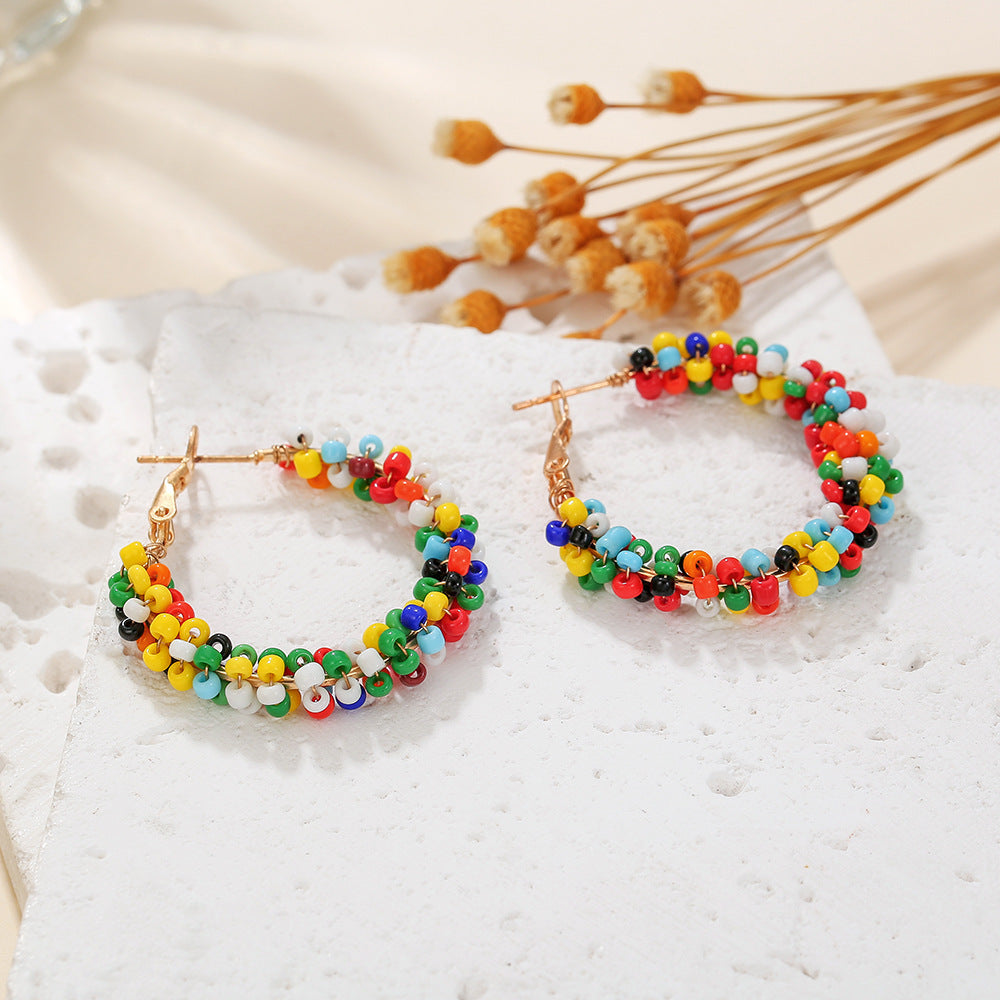 Handmade Ethnic Style Circle Earrings With Seed Bead Inlay, Featuring 304 Stainless Steel Studs For Women