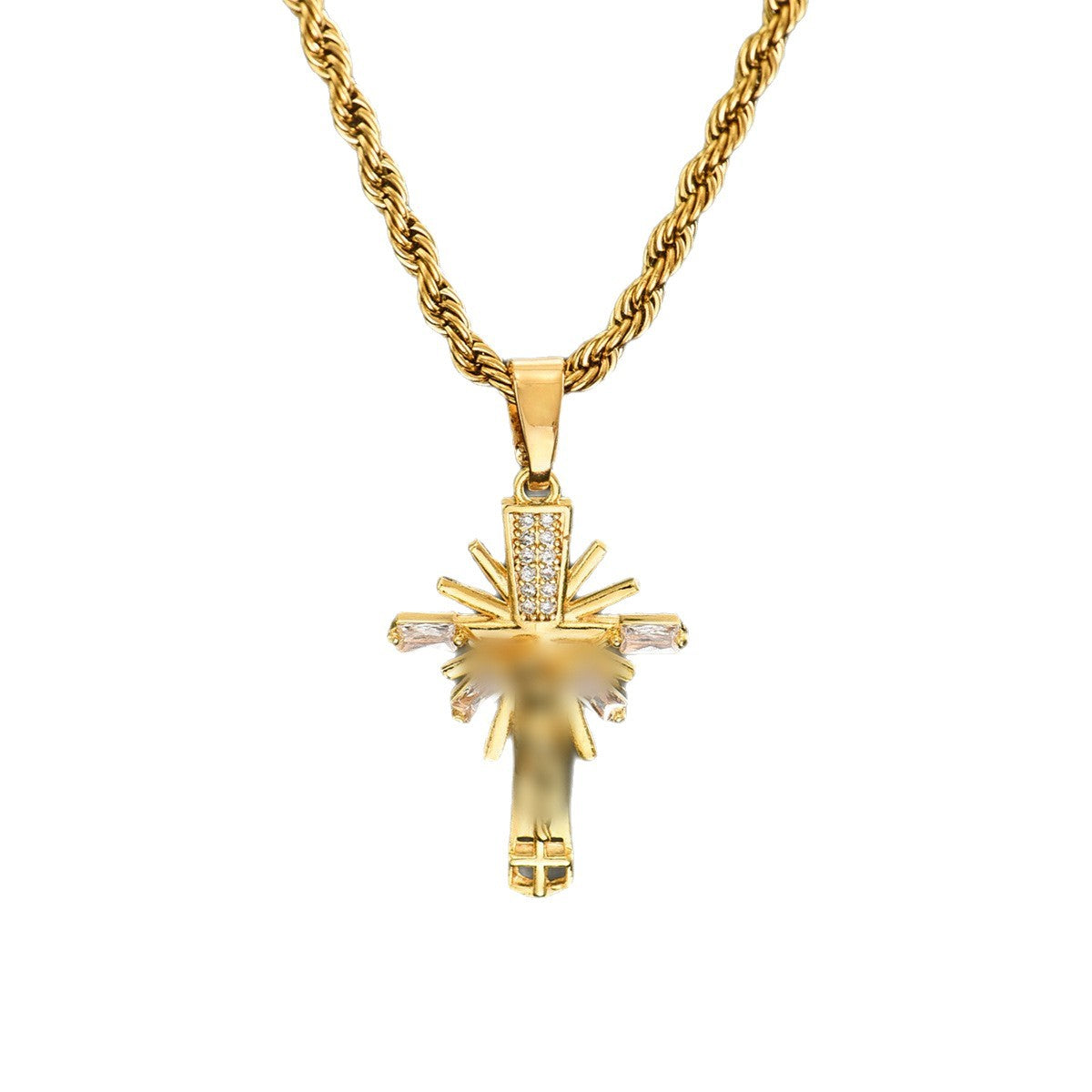 Cross Pendant Necklace For Unisex In Real Gold Plated 304 Stainless Steel With Zircon Inlay And Twisted Rope Chain