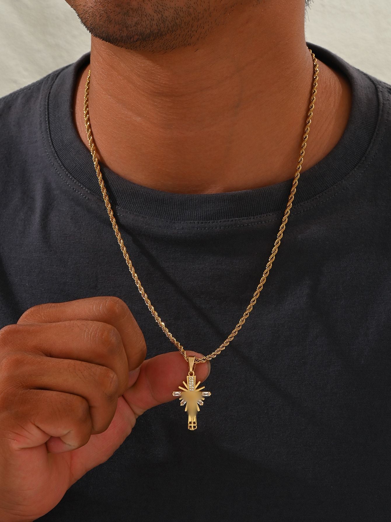 Cross Pendant Necklace For Unisex In Real Gold Plated 304 Stainless Steel With Zircon Inlay And Twisted Rope Chain