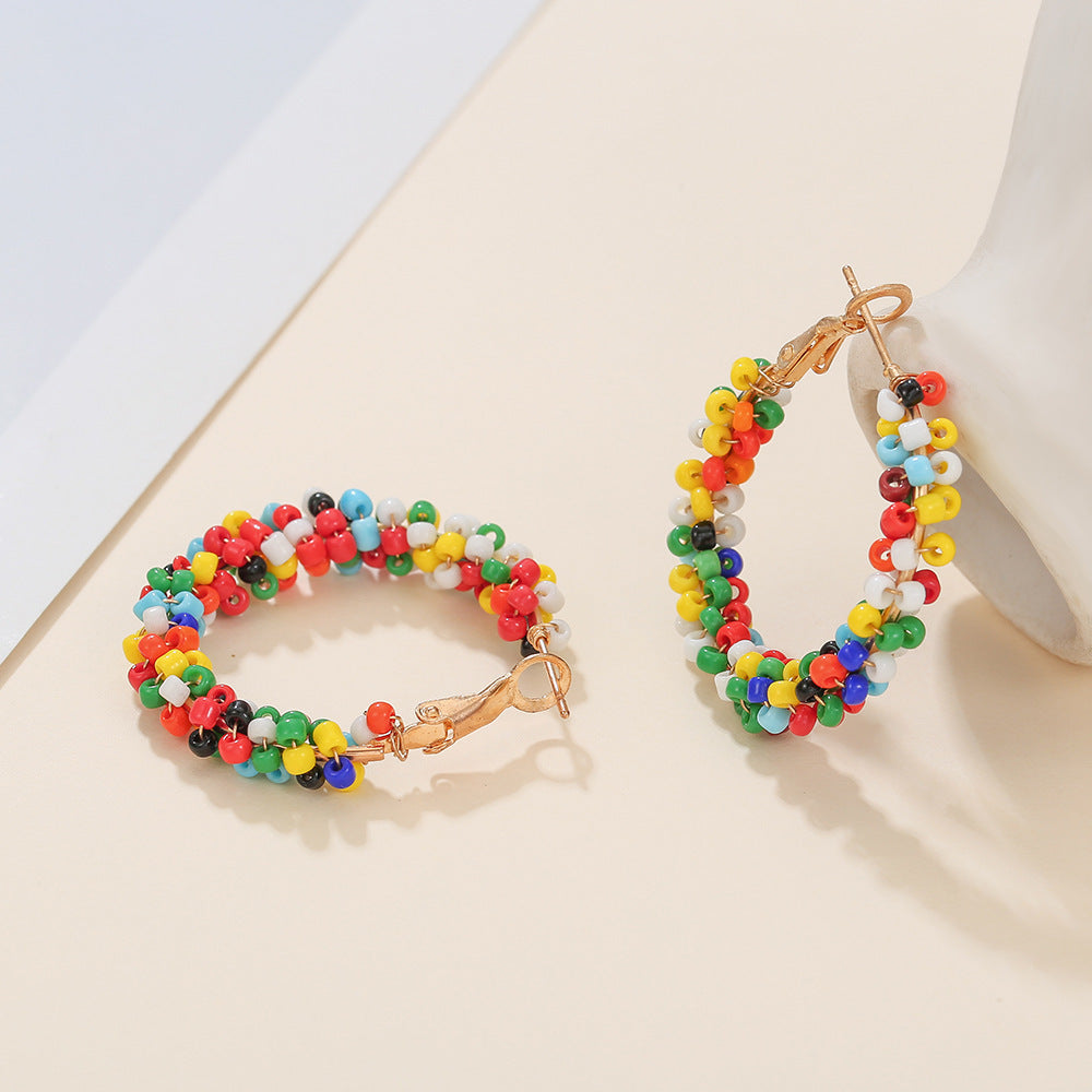 Handmade Ethnic Style Circle Earrings With Seed Bead Inlay, Featuring 304 Stainless Steel Studs For Women