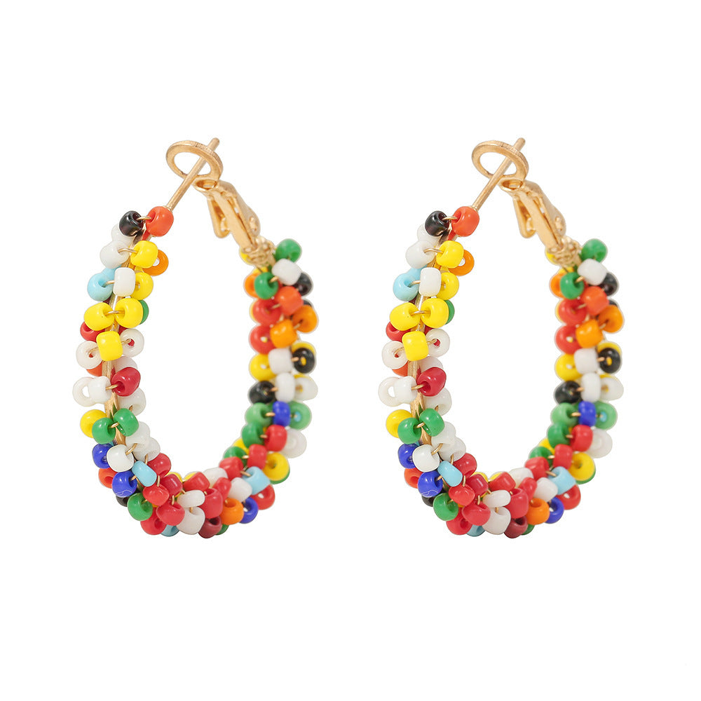 Handmade Ethnic Style Circle Earrings With Seed Bead Inlay, Featuring 304 Stainless Steel Studs For Women