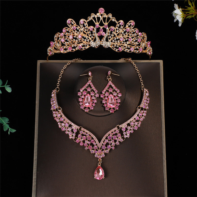 Luxurious Crown Jewelry Set For Women With Electroplated Alloy And Rhinestone Inlay, Featuring Cable Chain
