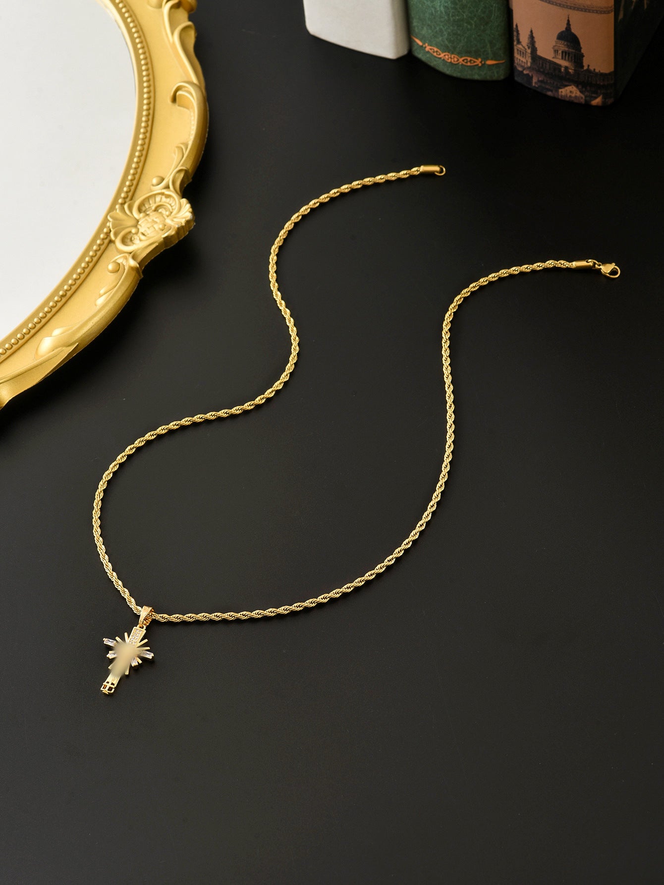 Cross Pendant Necklace For Unisex In Real Gold Plated 304 Stainless Steel With Zircon Inlay And Twisted Rope Chain
