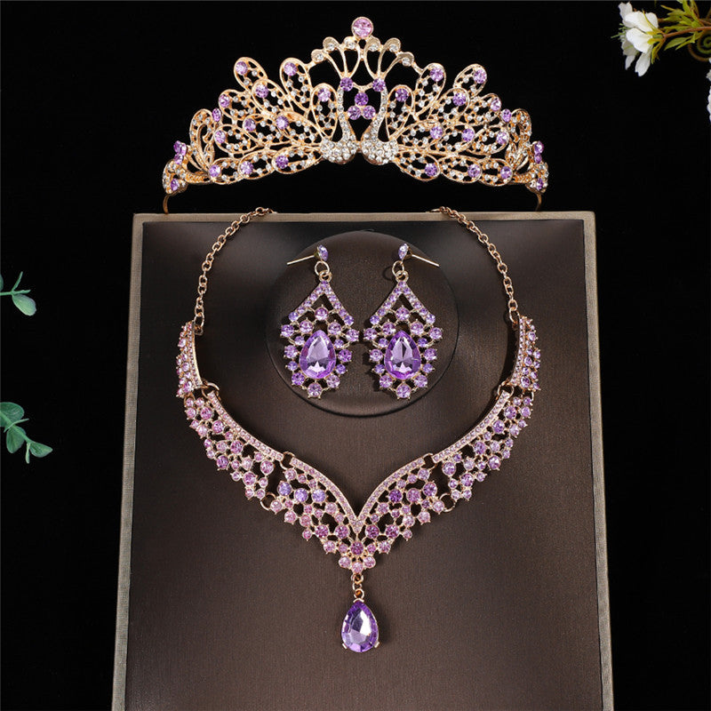 Luxurious Crown Jewelry Set For Women With Electroplated Alloy And Rhinestone Inlay, Featuring Cable Chain