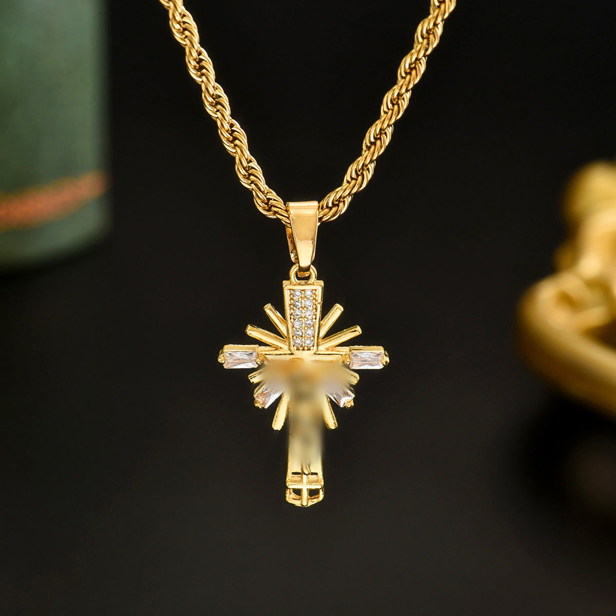 Cross Pendant Necklace For Unisex In Real Gold Plated 304 Stainless Steel With Zircon Inlay And Twisted Rope Chain
