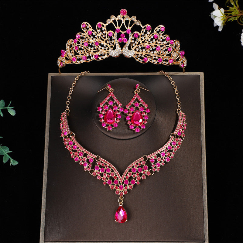 Luxurious Crown Jewelry Set For Women With Electroplated Alloy And Rhinestone Inlay, Featuring Cable Chain