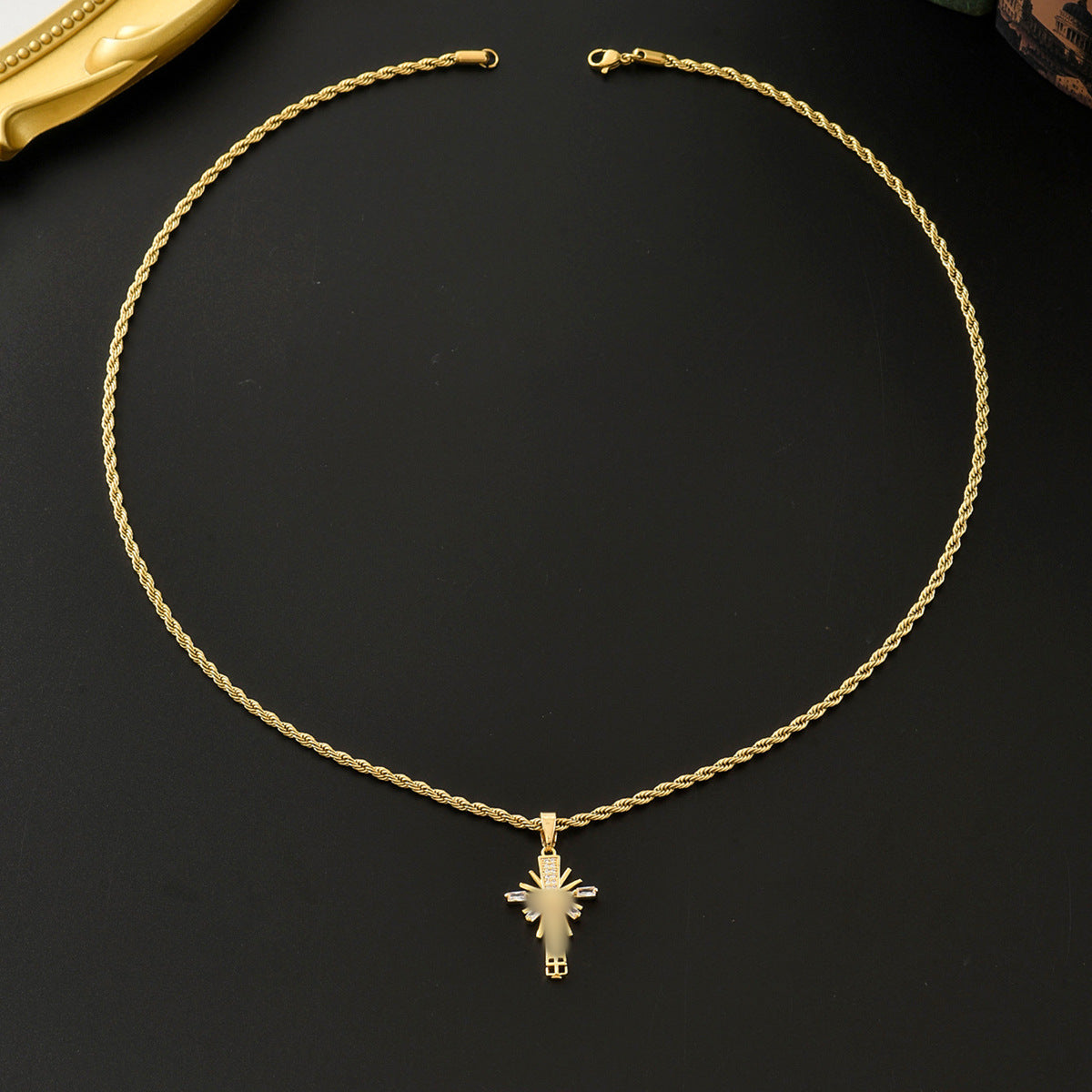 Cross Pendant Necklace For Unisex In Real Gold Plated 304 Stainless Steel With Zircon Inlay And Twisted Rope Chain