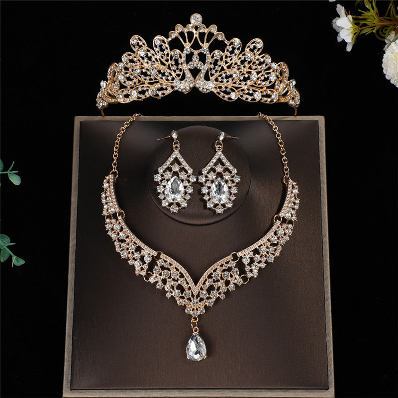Luxurious Crown Jewelry Set For Women With Electroplated Alloy And Rhinestone Inlay, Featuring Cable Chain
