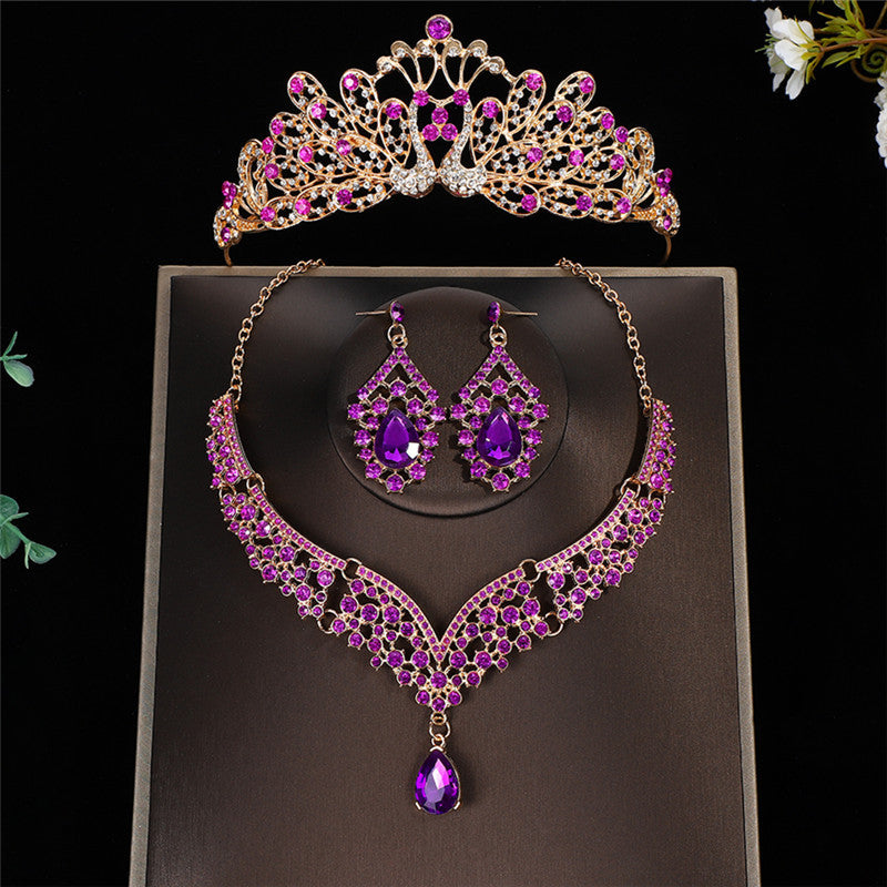 Luxurious Crown Jewelry Set For Women With Electroplated Alloy And Rhinestone Inlay, Featuring Cable Chain