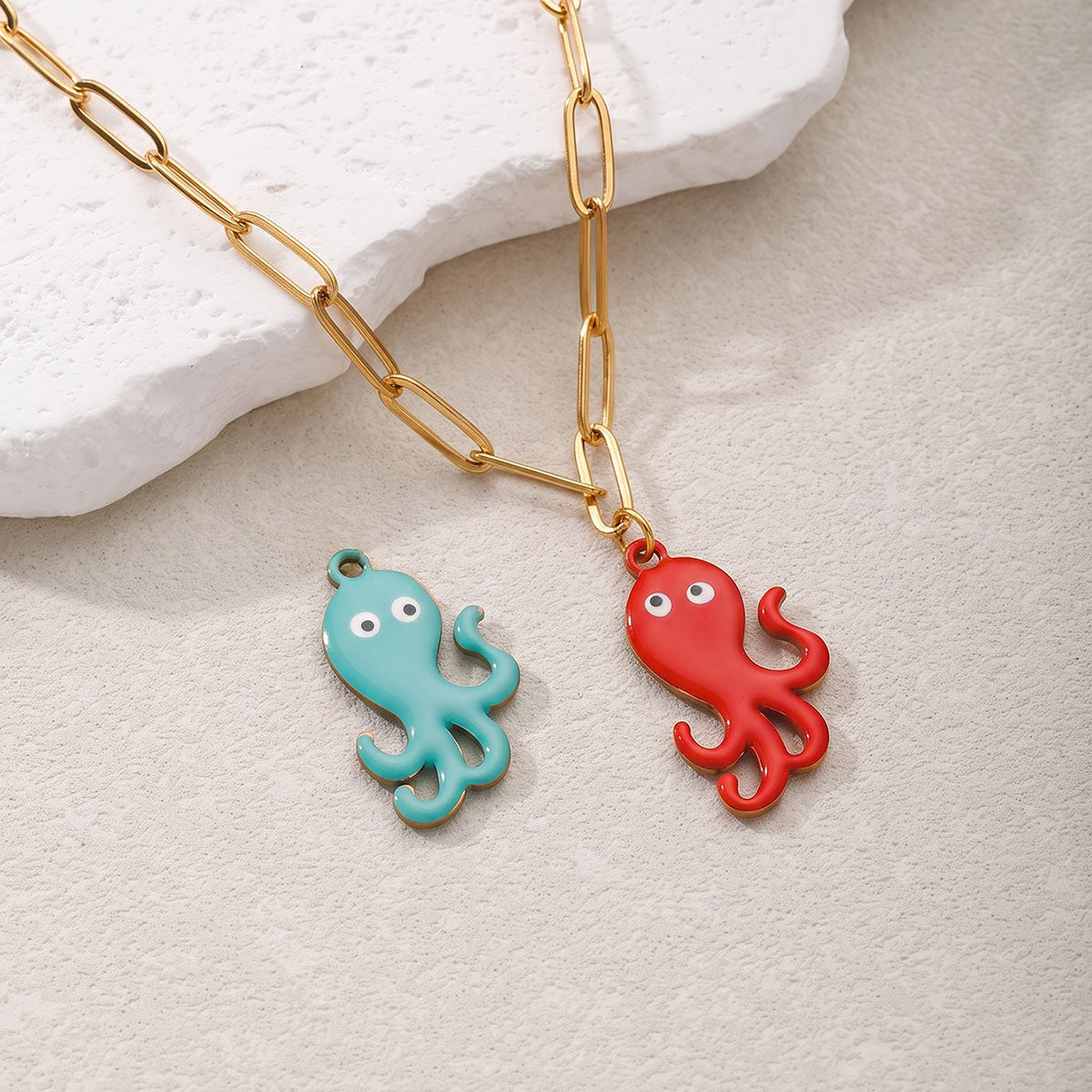 Octopus Enamel Necklace For Women In 304 Stainless Steel With 18K Real Gold Plated PVD Coated Finish And Paperclip Chain