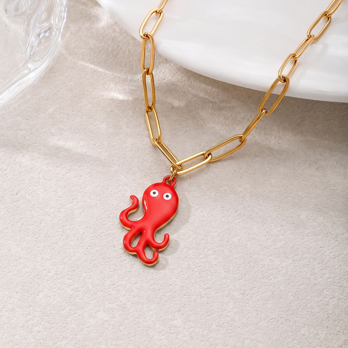 Octopus Enamel Necklace For Women In 304 Stainless Steel With 18K Real Gold Plated PVD Coated Finish And Paperclip Chain