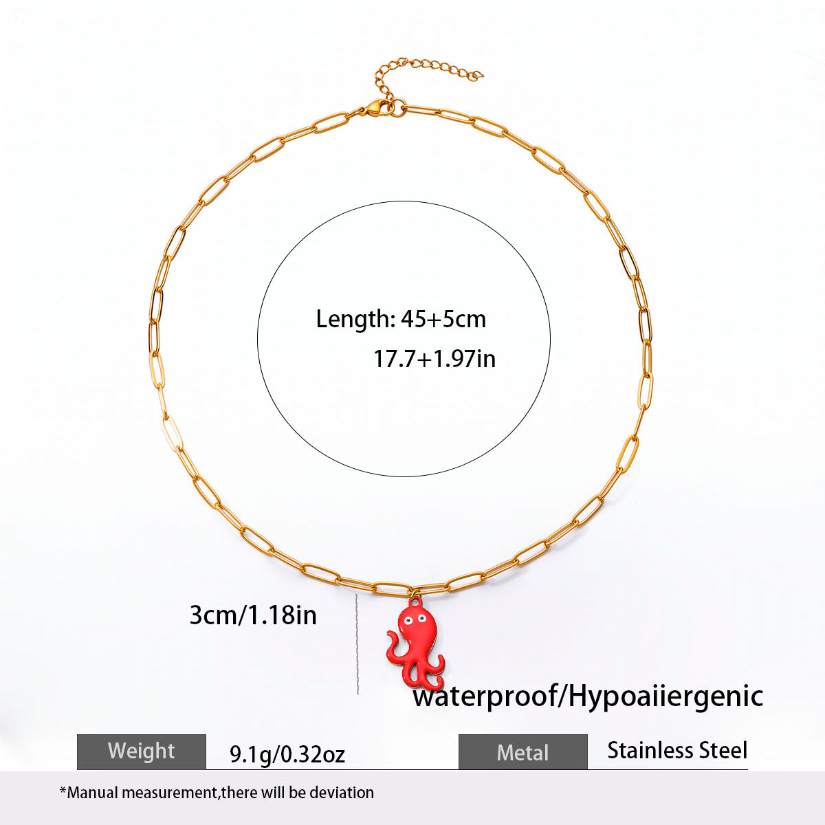 Octopus Enamel Necklace For Women In 304 Stainless Steel With 18K Real Gold Plated PVD Coated Finish And Paperclip Chain