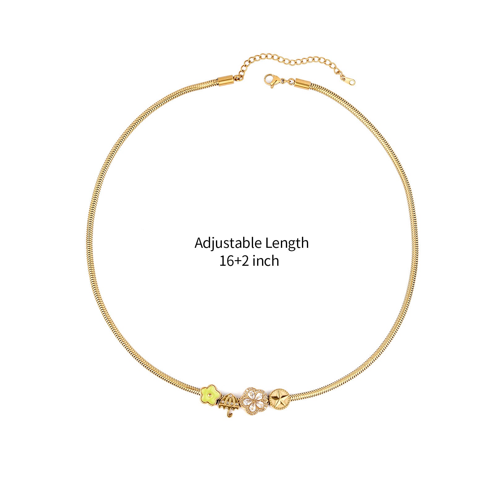 Golden Plated Flowers Beading Necklace For Unisex, 304 Stainless Steel With Zircon Inlay And Snake Chain