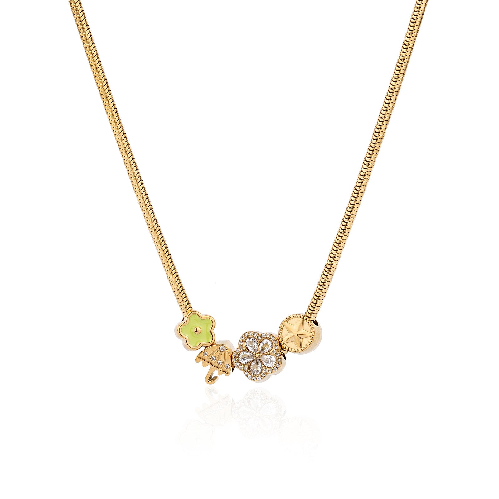Golden Plated Flowers Beading Necklace For Unisex, 304 Stainless Steel With Zircon Inlay And Snake Chain