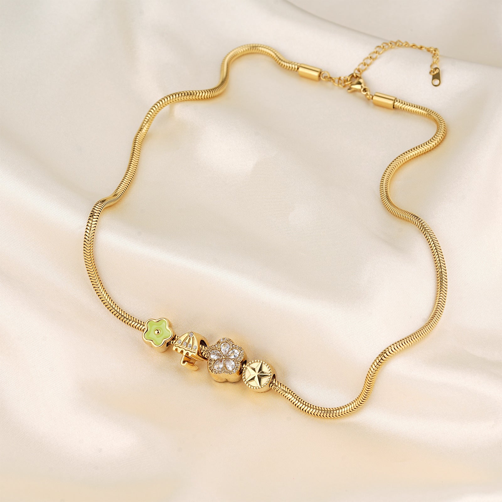 Golden Plated Flowers Beading Necklace For Unisex, 304 Stainless Steel With Zircon Inlay And Snake Chain