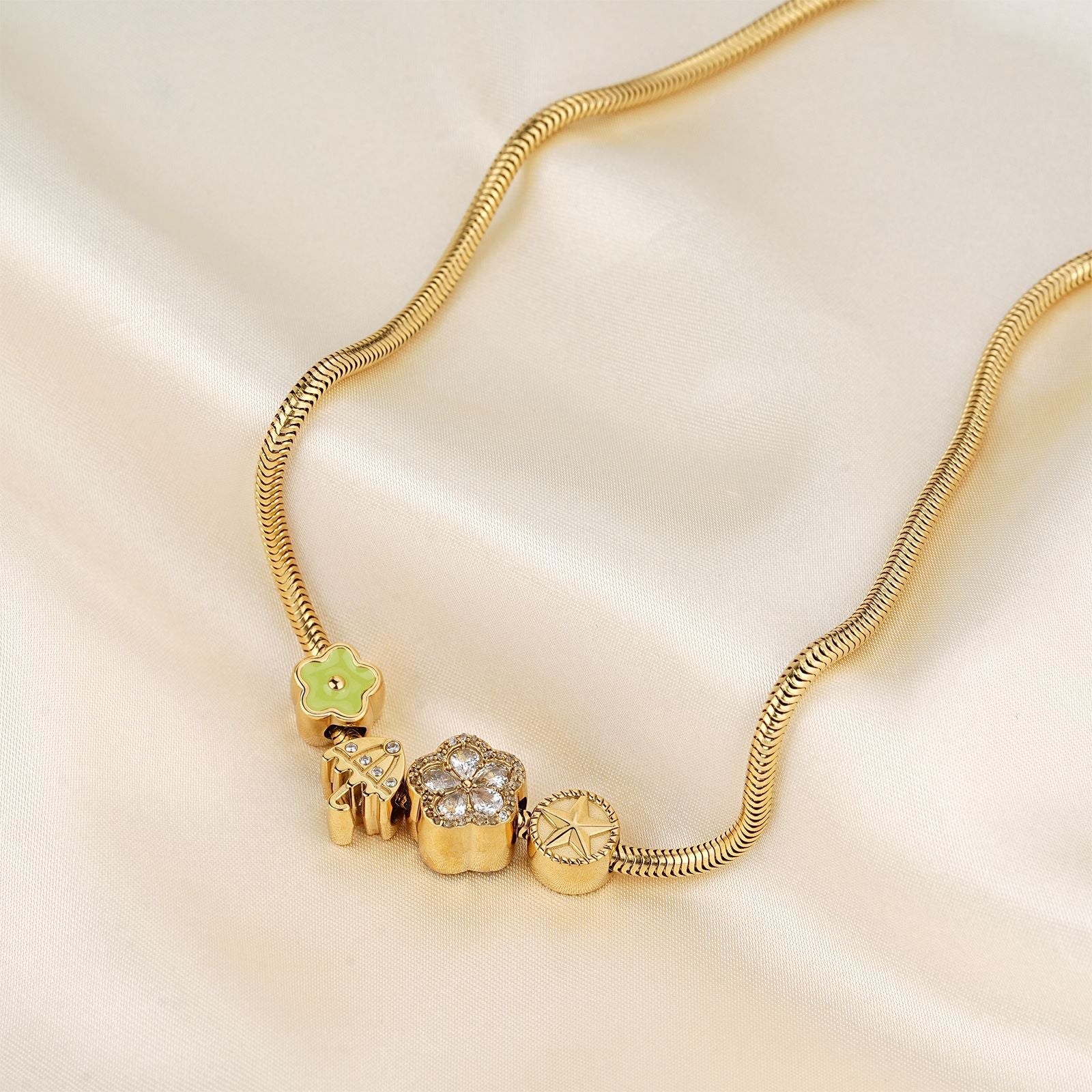 Golden Plated Flowers Beading Necklace For Unisex, 304 Stainless Steel With Zircon Inlay And Snake Chain