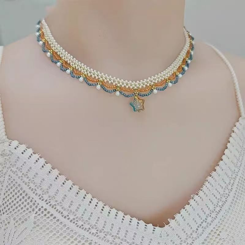 Handmade Vintage Style Green Pearl Layered Necklace For Women With Beaded Chain