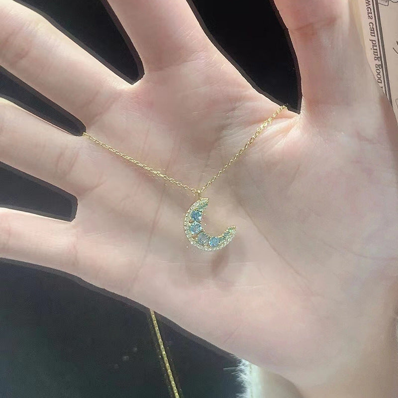 Moon Pendant Necklace For Women In Blue, 304 Stainless Steel With Golden Plated Copper Pendant And Zircon Inlay