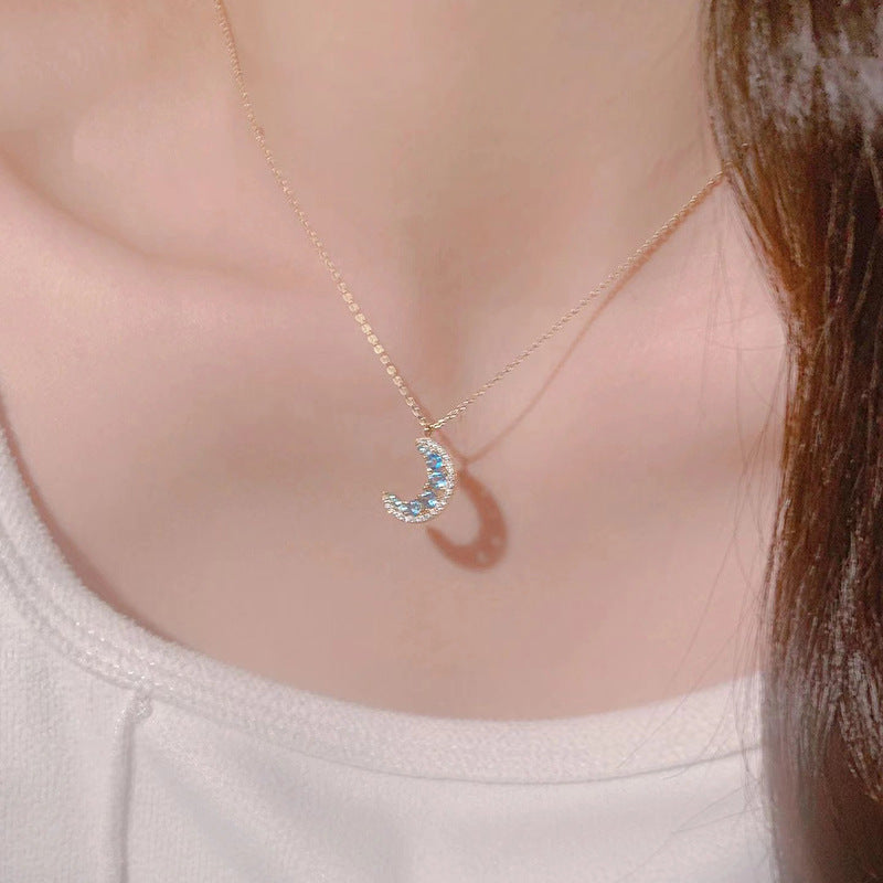 Moon Pendant Necklace For Women In Blue, 304 Stainless Steel With Golden Plated Copper Pendant And Zircon Inlay