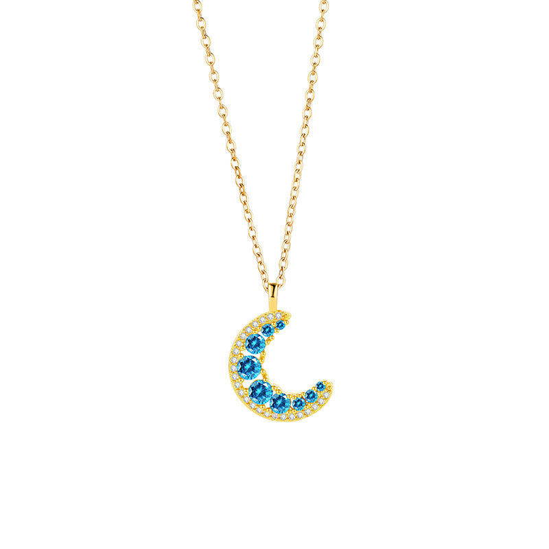 Moon Pendant Necklace For Women In Blue, 304 Stainless Steel With Golden Plated Copper Pendant And Zircon Inlay