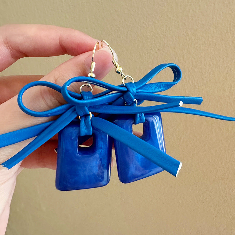 Handmade Blue Acrylic Bow Tie Earrings With 925 Sterling Silver Ear Pins For Women In Simple Style