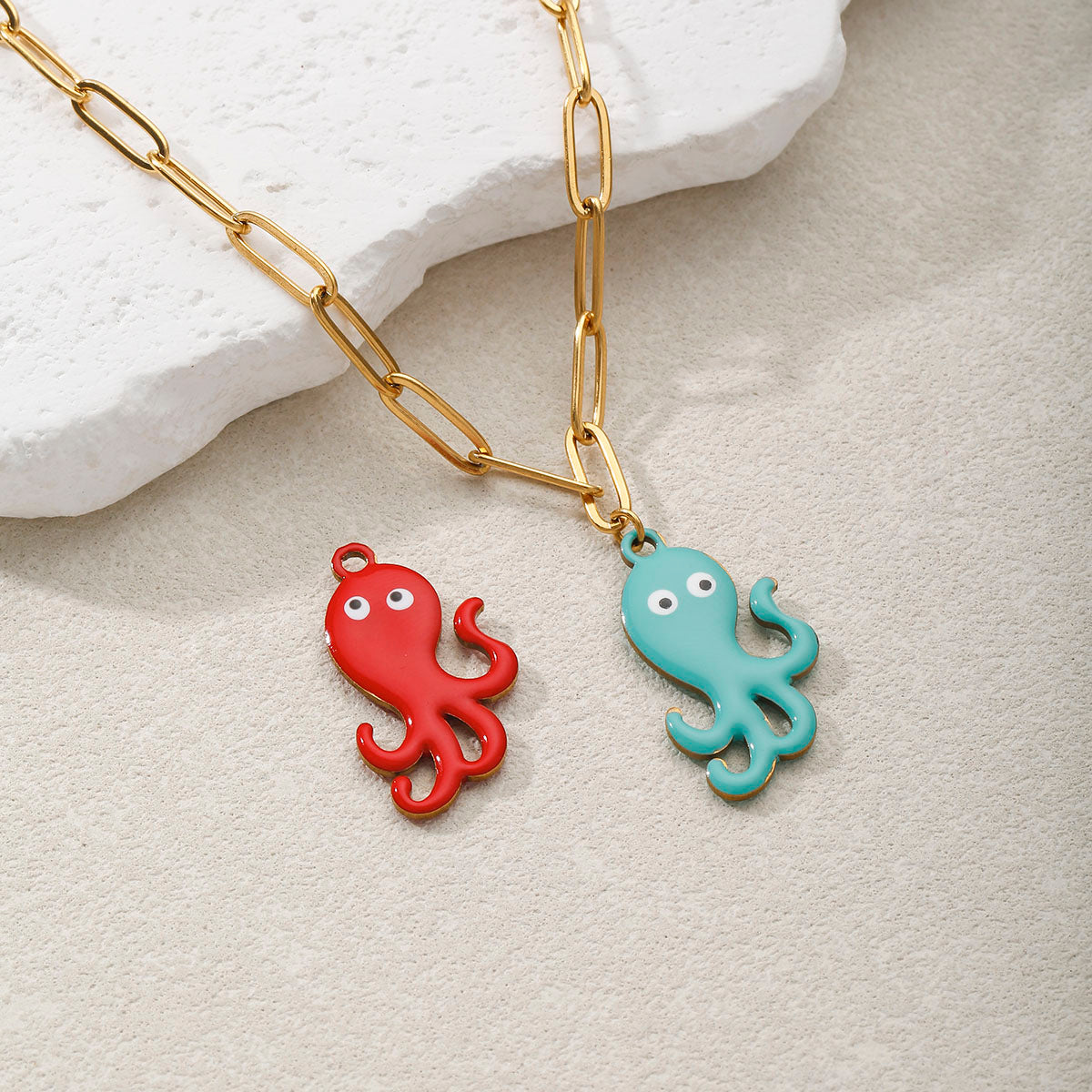 Octopus Enamel Necklace For Women In 304 Stainless Steel With 18K Real Gold Plated PVD Coated Finish And Paperclip Chain