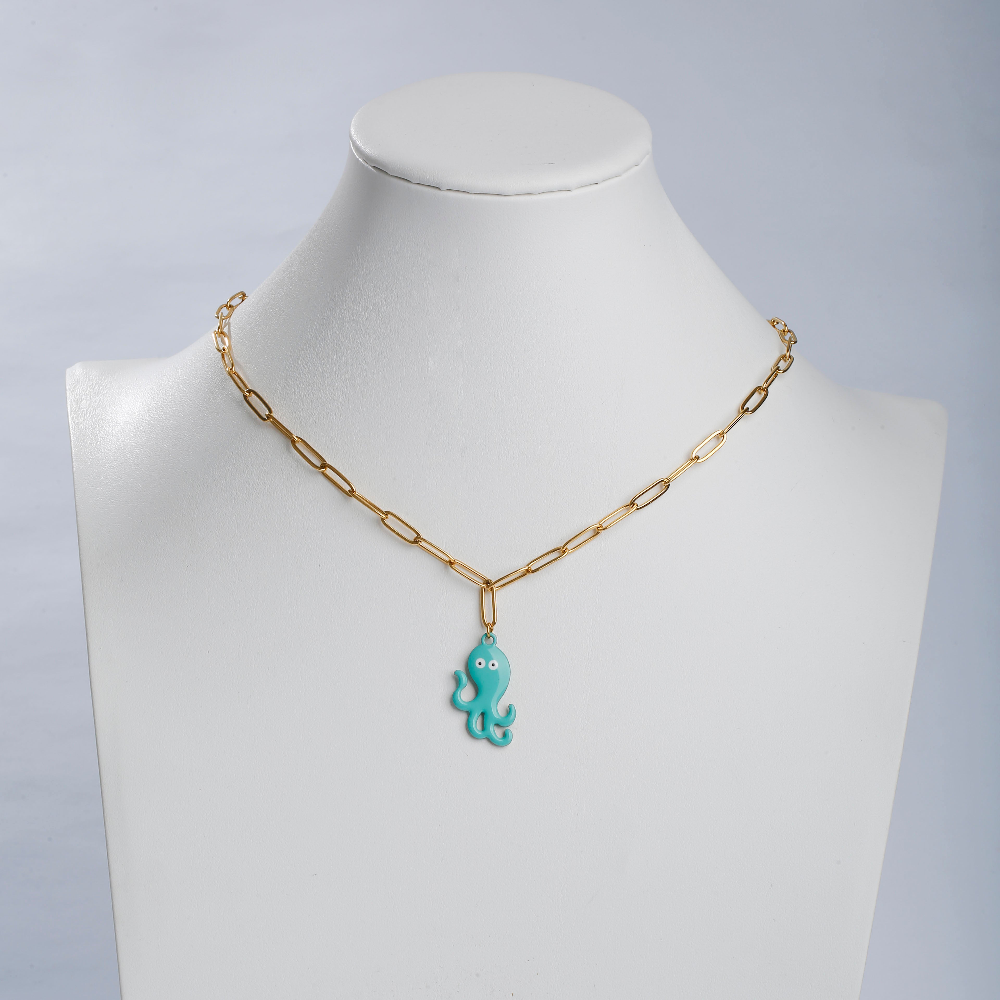 Octopus Enamel Necklace For Women In 304 Stainless Steel With 18K Real Gold Plated PVD Coated Finish And Paperclip Chain