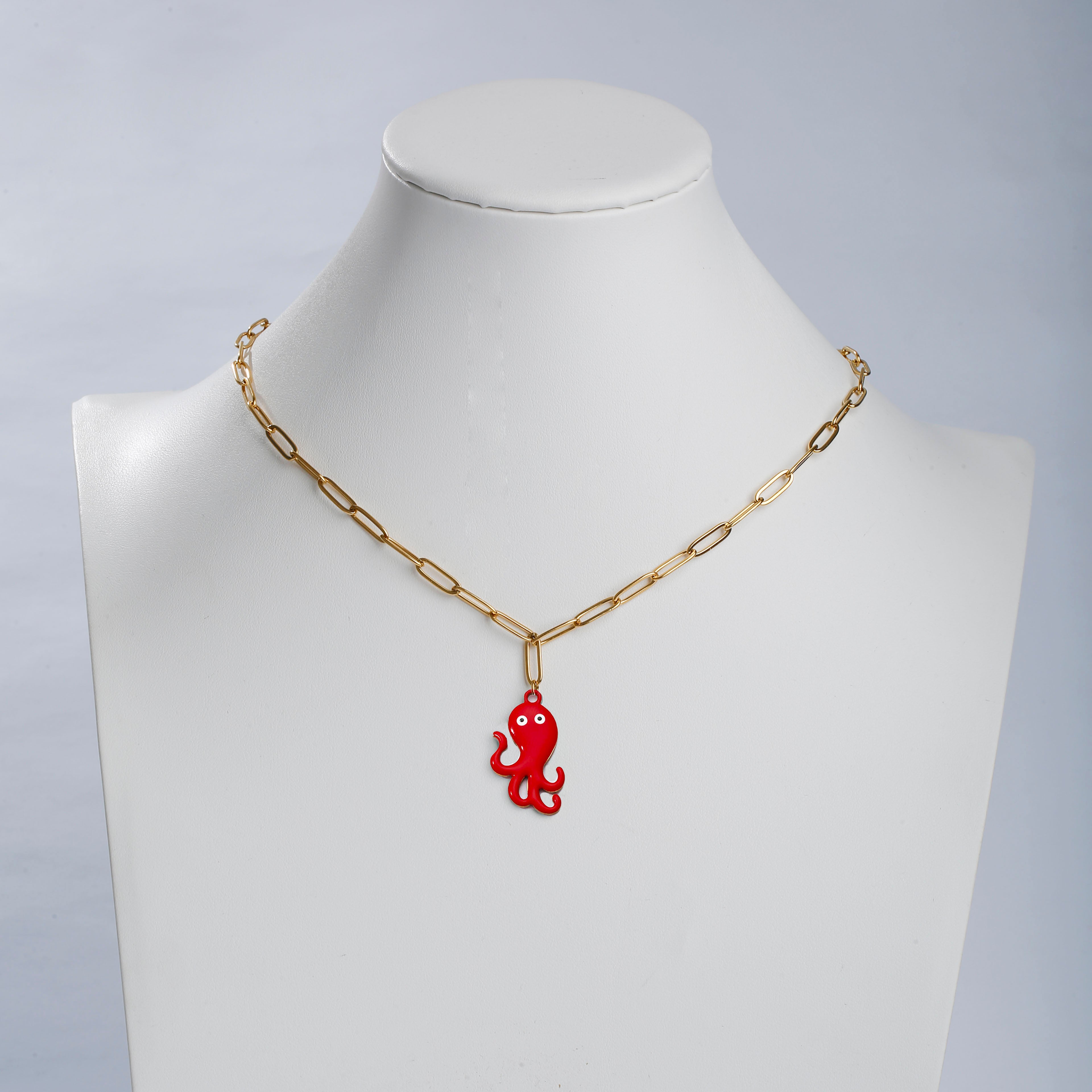 Octopus Enamel Necklace For Women In 304 Stainless Steel With 18K Real Gold Plated PVD Coated Finish And Paperclip Chain