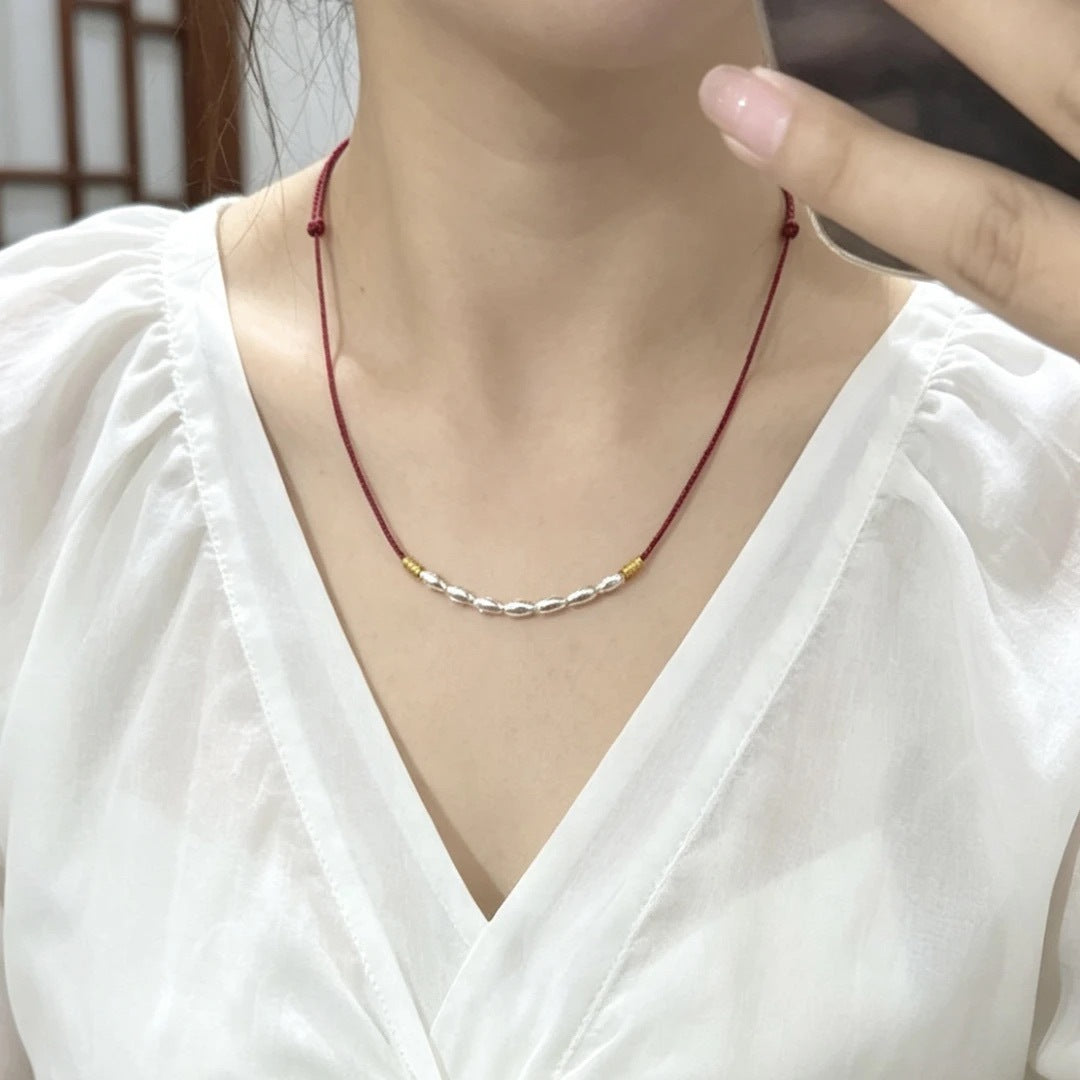 Geometric Braid Silver Copper Necklace For Unisex With Zircon Inlay And Rope Cord String Chain