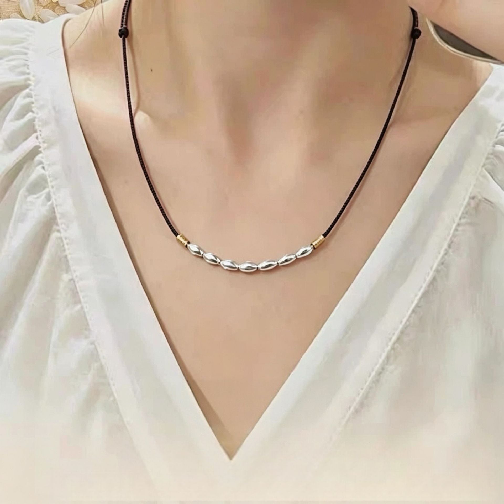 Geometric Braid Silver Copper Necklace For Unisex With Zircon Inlay And Rope Cord String Chain