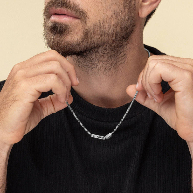 Men's Gold Metal Necklace With Carving Pendant On Box Chain, Perfect Gift For Father's Day
