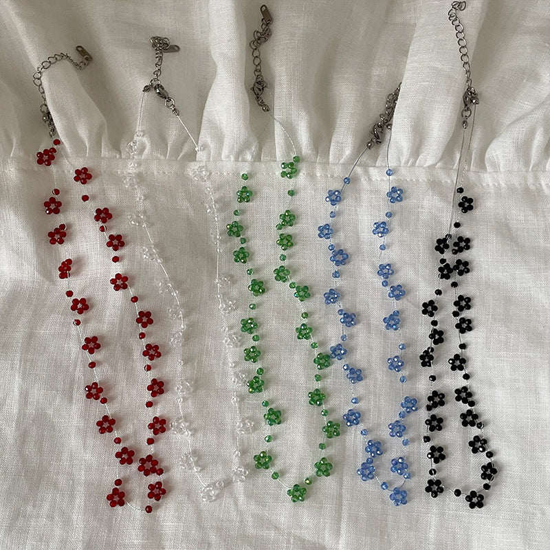 Beaded Flowers Necklace For Women With Shell Pendant And Metal Micro Super Whisper Thin Chain In Colour