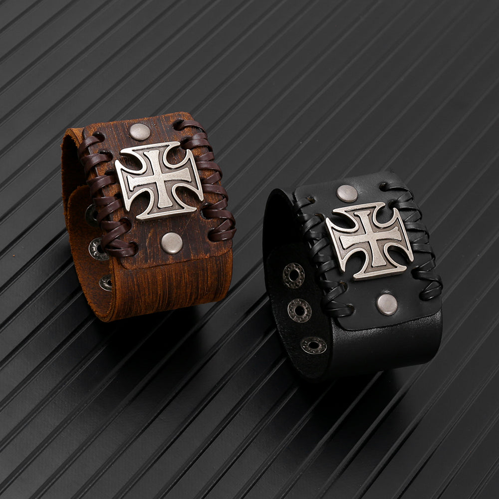 Handmade Classic Style Cross Couple Bracelets With Leather Rope Wristband In PU Leather