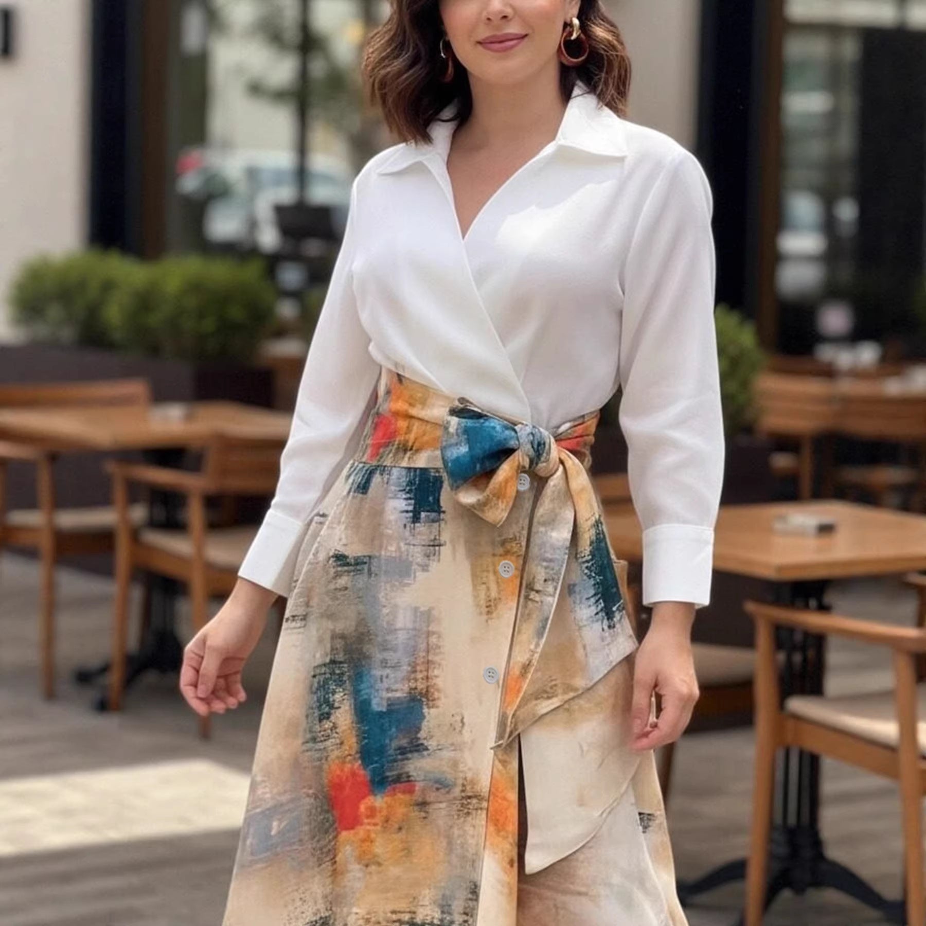 Elegant Graffiti Shirt Dress With Long Sleeve And Shirt Collar, Casual Style In Polyester Fabric