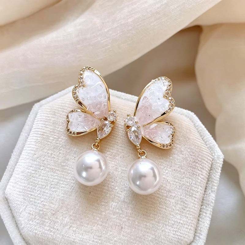 Butterfly Tassel Earrings For Women In Natural Pink With Zinc Alloy Ear Pins