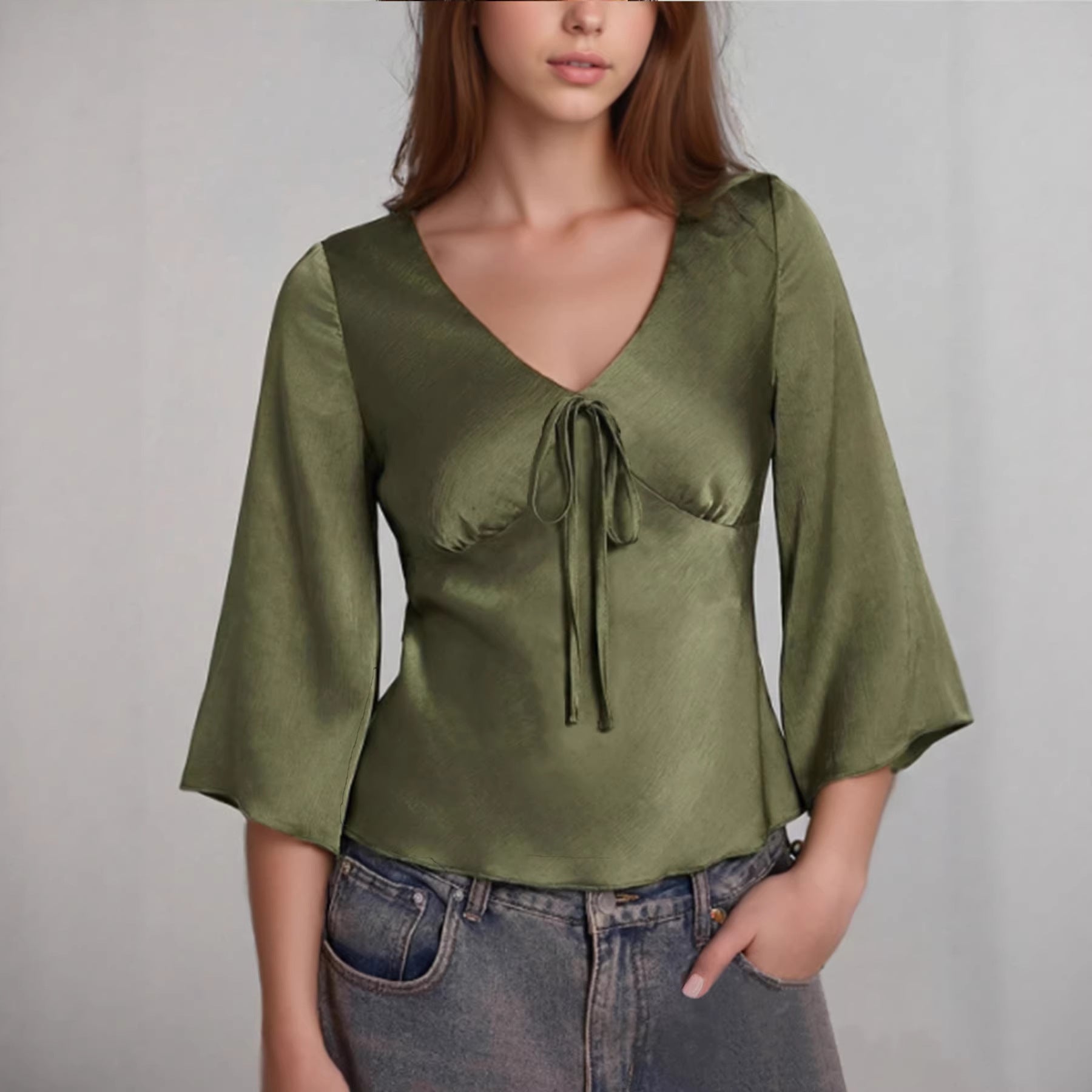 Elegant Solid Color Long Sleeve Polyester Women's Shirt With V Neck And Tie Closure