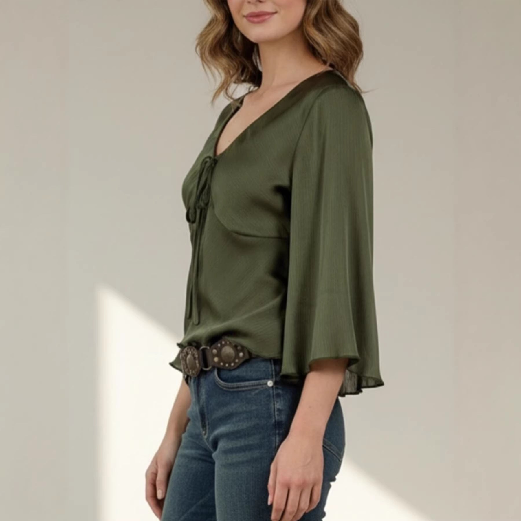 Elegant Solid Color Long Sleeve Polyester Women's Shirt With V Neck And Tie Closure